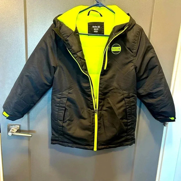 HURLEY LOGO BLACK NEON GREEN LINED WINTER COAT JACKET WATER RESISTANT SIZE 10/12 - Picture 1 of 5